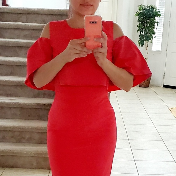 🔥Monique Lhuillier] NWT $550  Red Midi Dress size 4 - Picture 4 of 9